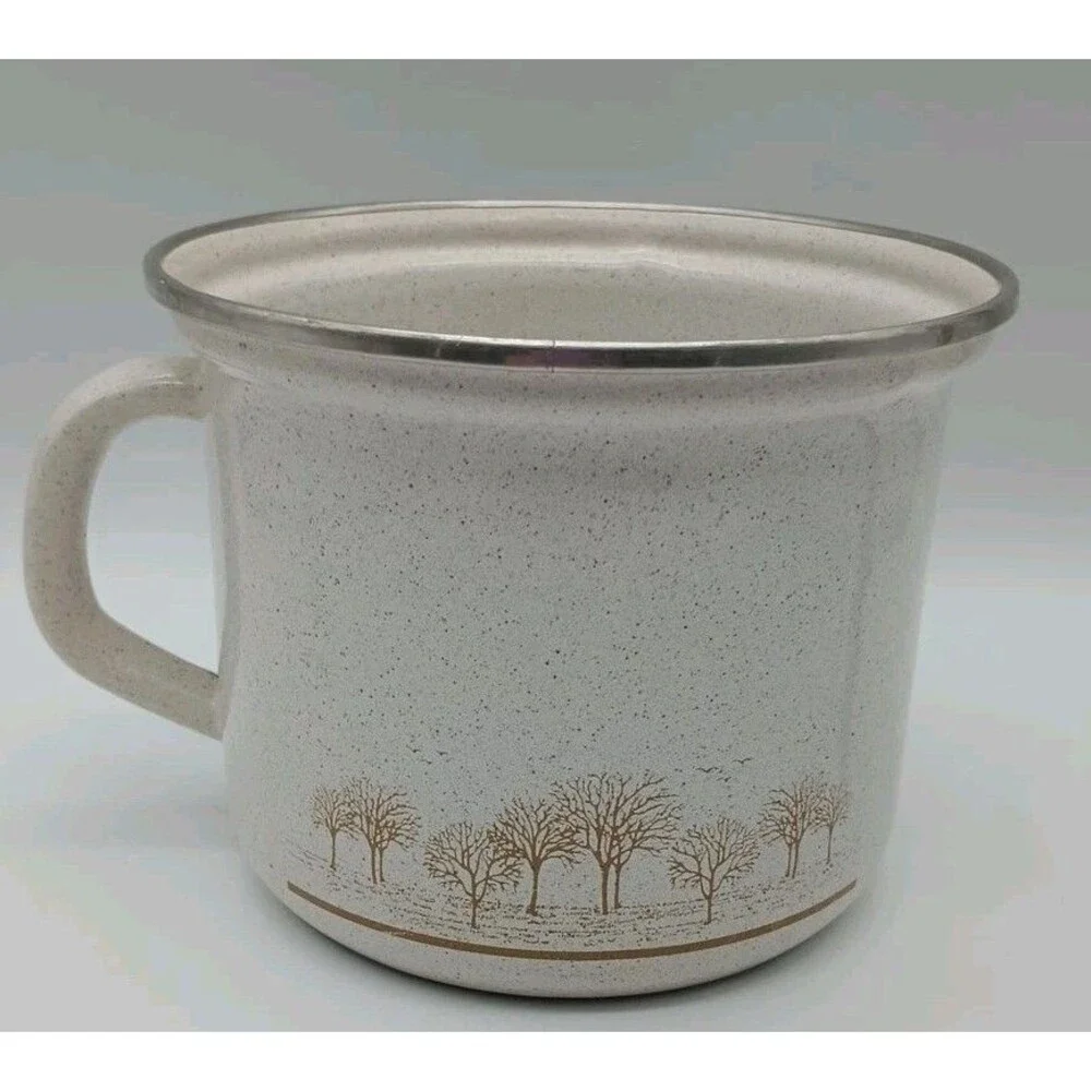 Vtg Heavy Enamelware Cookware Polish Handle Winter Trees